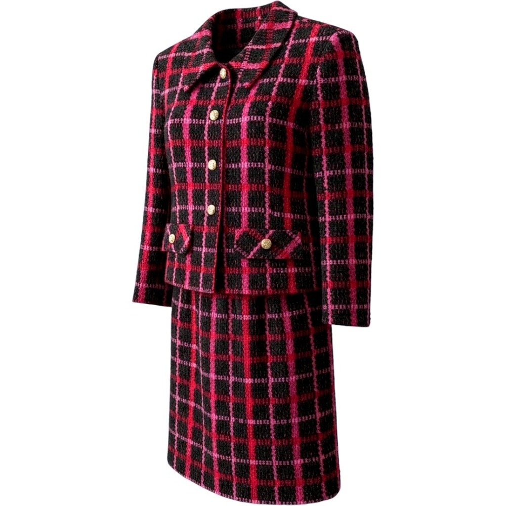 Castleberry Vintage Plaid Skirt Suit Set Pink Red Black Gold Buttons Size 12